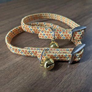 Matching Gold Bell Pet Collars in Yellow, Orange & Gray Diamond Pattern